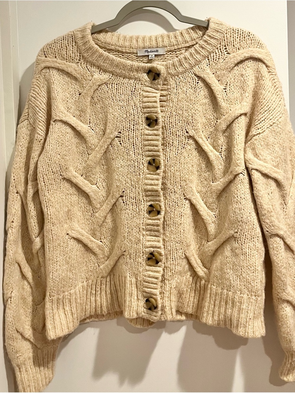 Madewell Beige Cable-Knit Button Cardigan Sweater